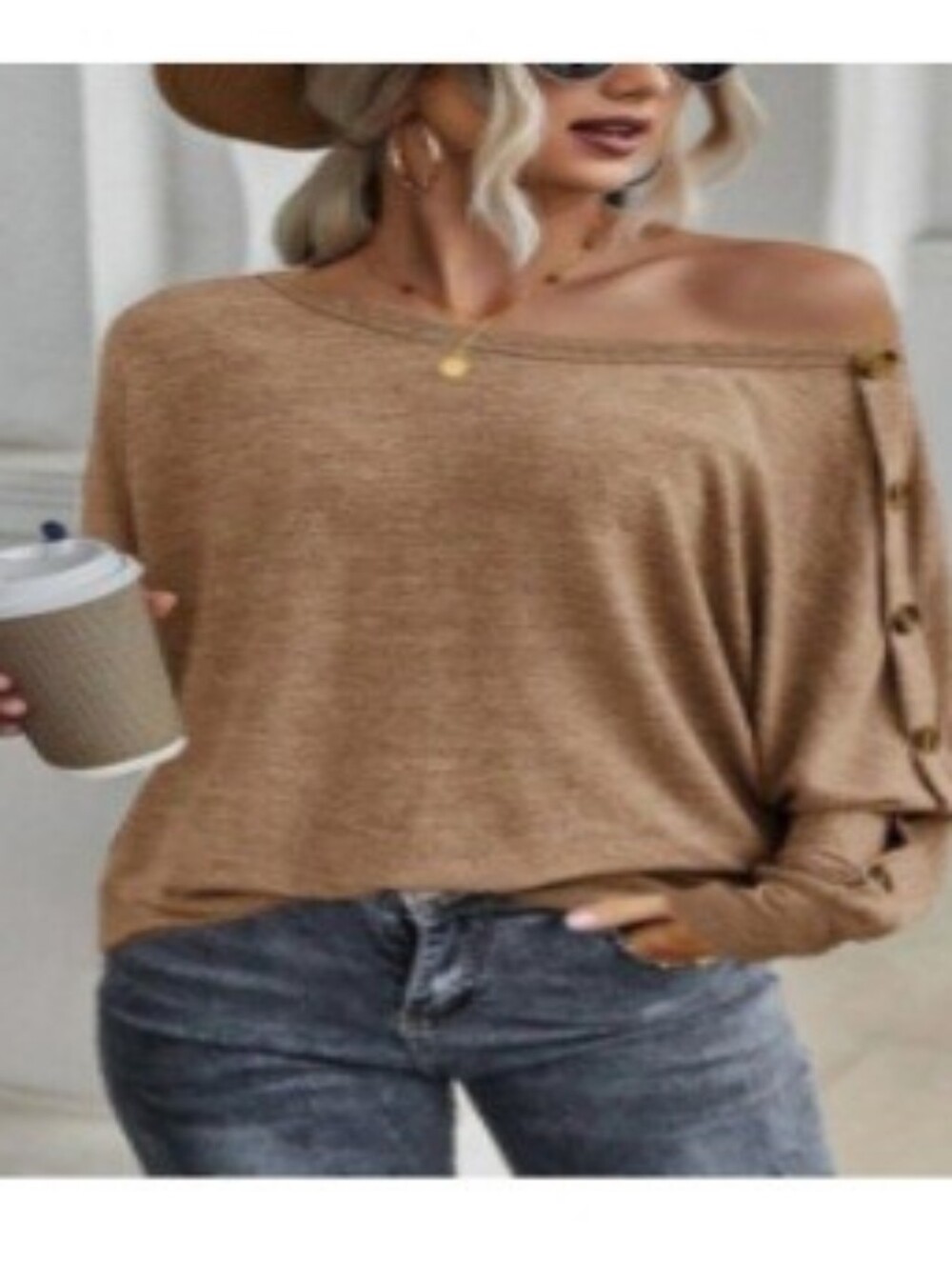 Relaxed Button-Shoulder Long Sleeve Top in Tan - Picture 9 of 9